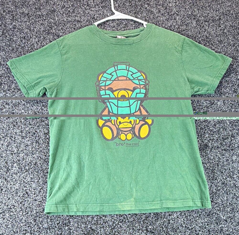 maden yourgd Men's Green Teddy Bear Cartoon Graphic Crew Neck Tee L